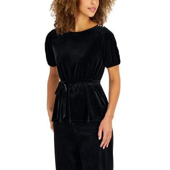 Petite Charter Club  Velvet Button Shoulder Tie Waist Large Black NWT - Picture 1 of 2